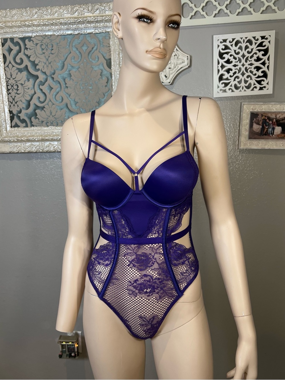 Victoria's Secret Deep Purple Lace & Satin Strappy Bodysuit - Picture 2 of 9